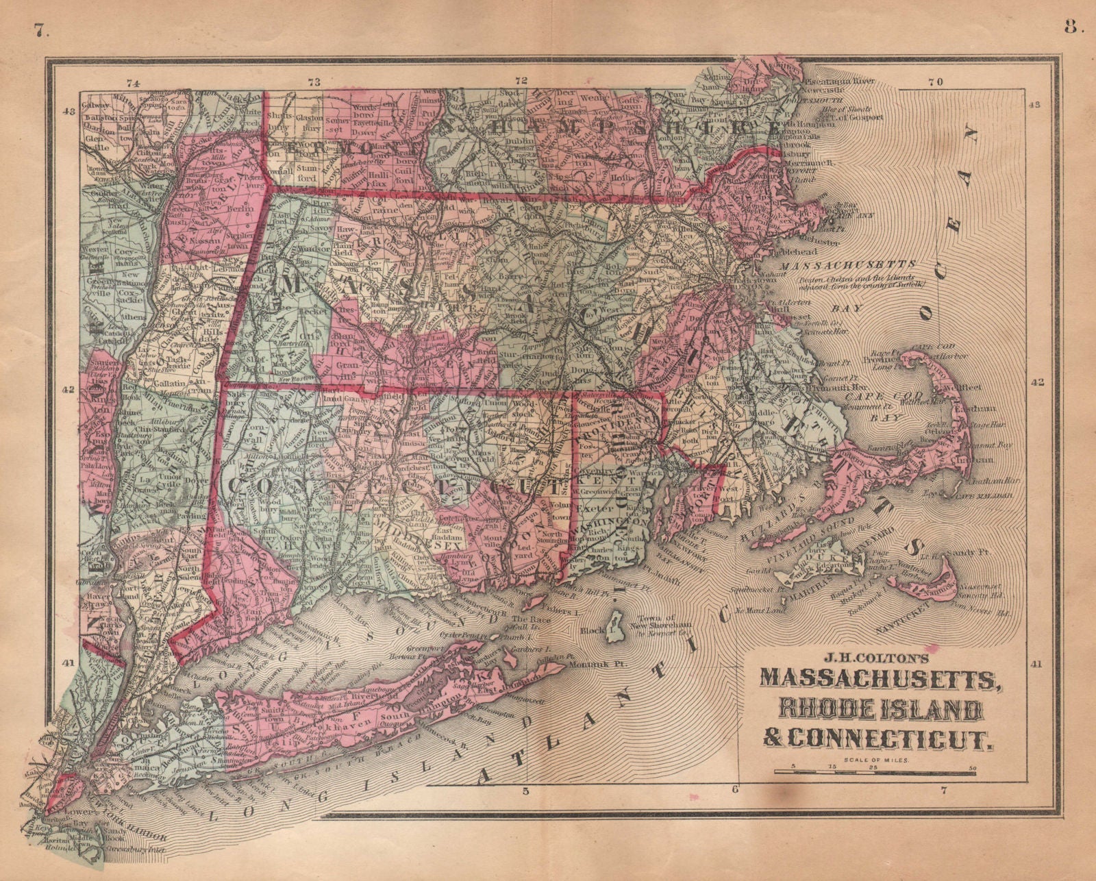 J. H. Colton's Massachusetts, Rhode Island and Connecticut 1864 old map